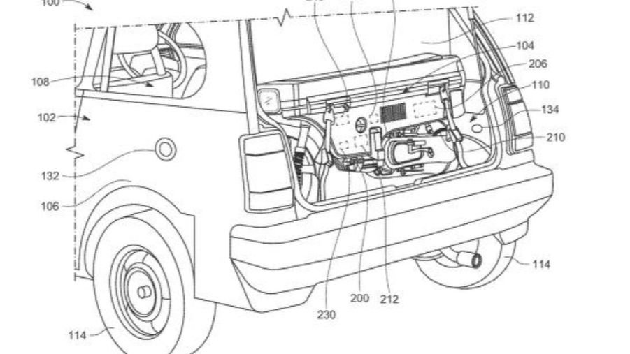 Patent drawing showing Honda's concept for a boot-stowable motorbike/range extender